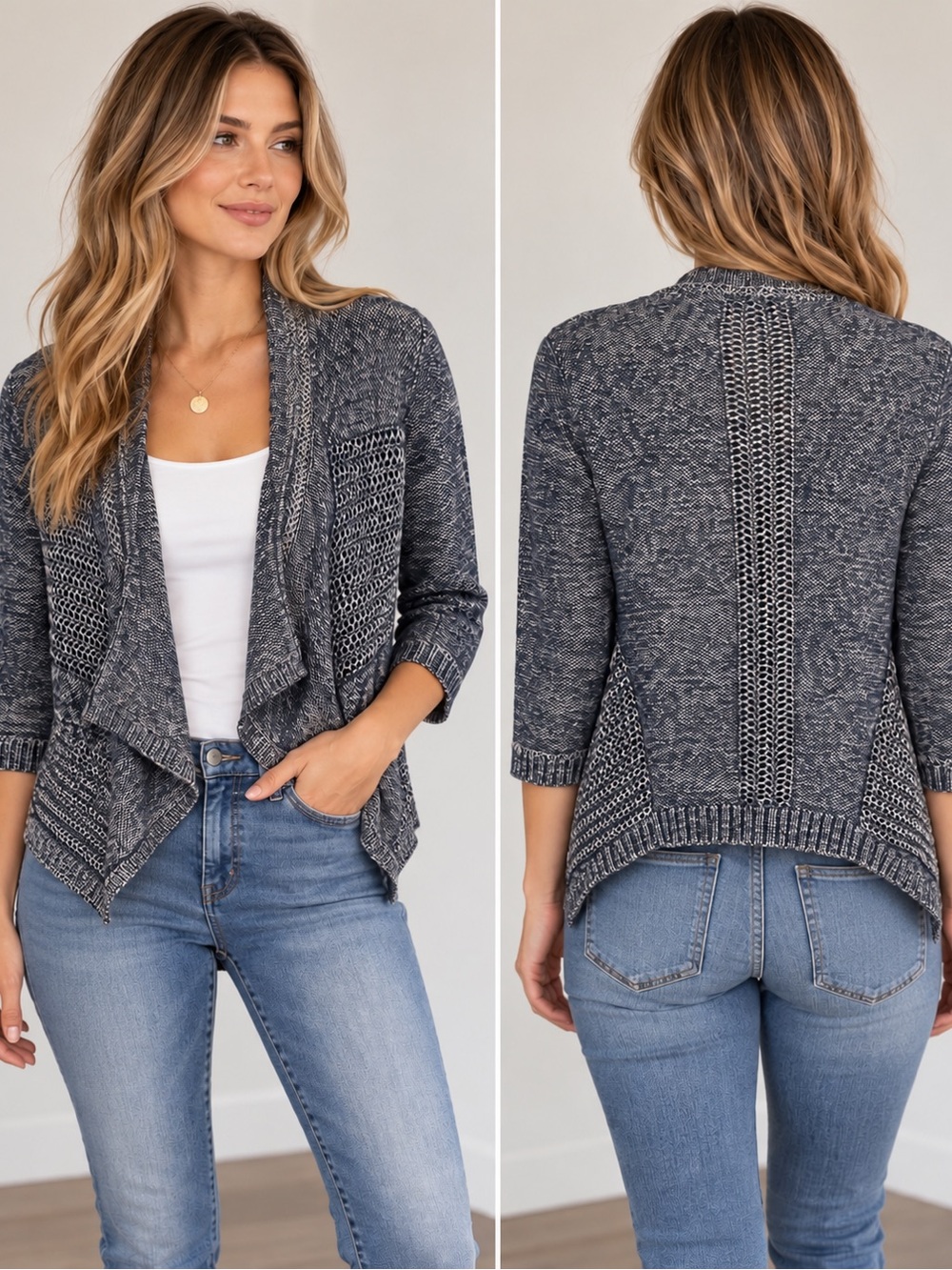 Lucky Brand Navy Grey Marled Open-Front Cardigan Size M Boho Cottagecore